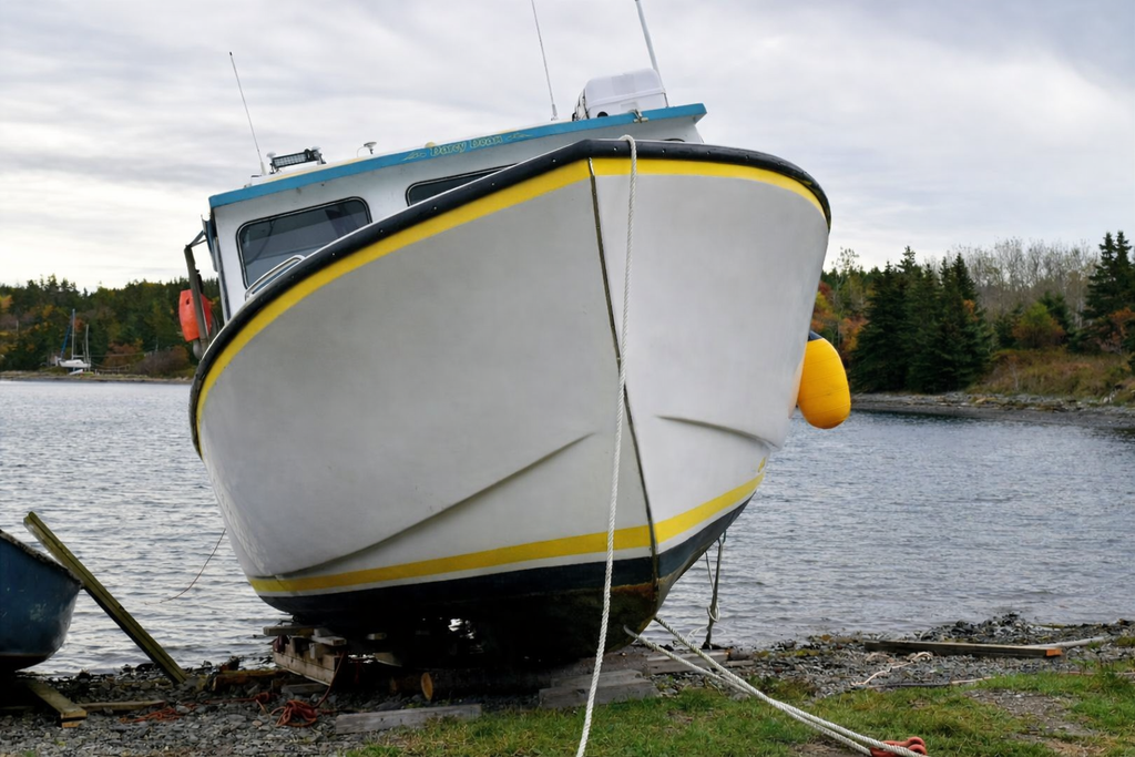 White boat with a yellow stripe on a dock by a body of water