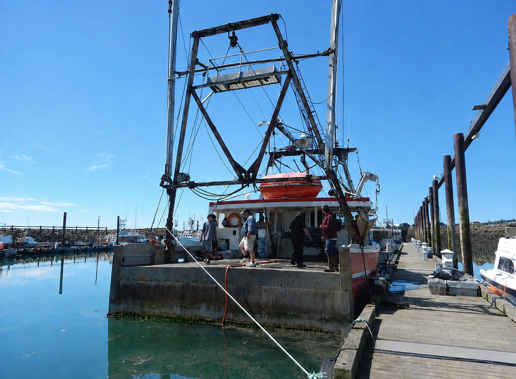 A large fishing vessel docked at a harbor pier under a clear blue sky, with several people standing on the deck and calm water reflecting around the boat.