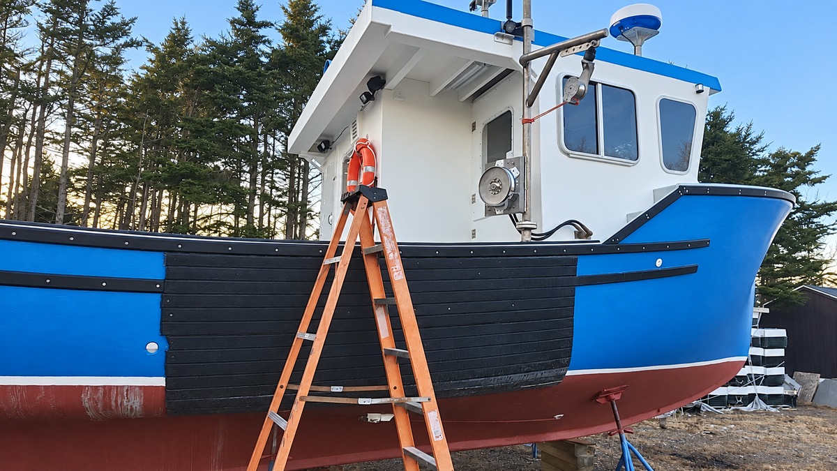 A blue and white fishing boat on wooden supports outdoors, with an orange ladder leaning against the hull and trees in the background.