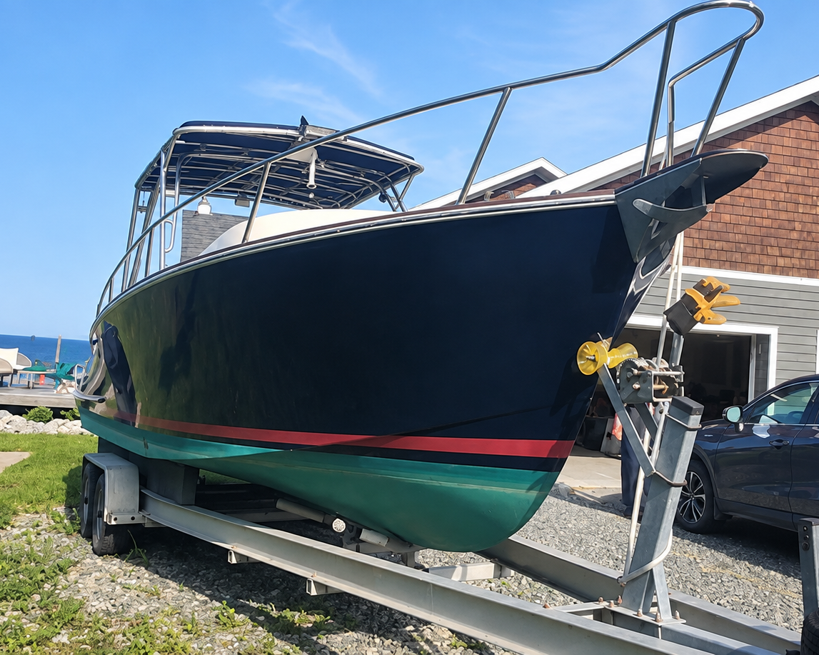 A dark blue and green boat on a metal trailer parked outdoors next to a house, with ocean water and a blue sky in the background.