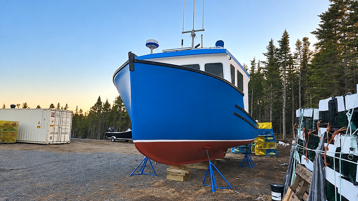 A blue and white fishing boat with a red bottom is shown on blue support stands in an outdoor boatyard, with trees, a container, and equipment visible in the background.