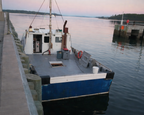 Blue and white boat docked at a pier with a scenic background