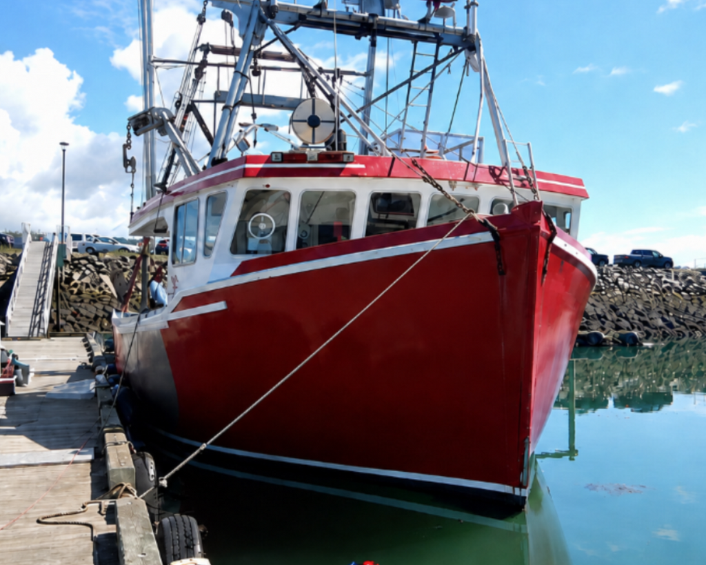 A red and white fishing boat tied to a wooden dock in a harbor under a blue sky with white clouds. The water is greenish, and the boat is shown from a front-three-quarter angle.
