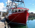 A red and white fishing boat tied to a wooden dock in a harbor under a blue sky with white clouds. The water is greenish, and the boat is shown from a front-three-quarter angle.