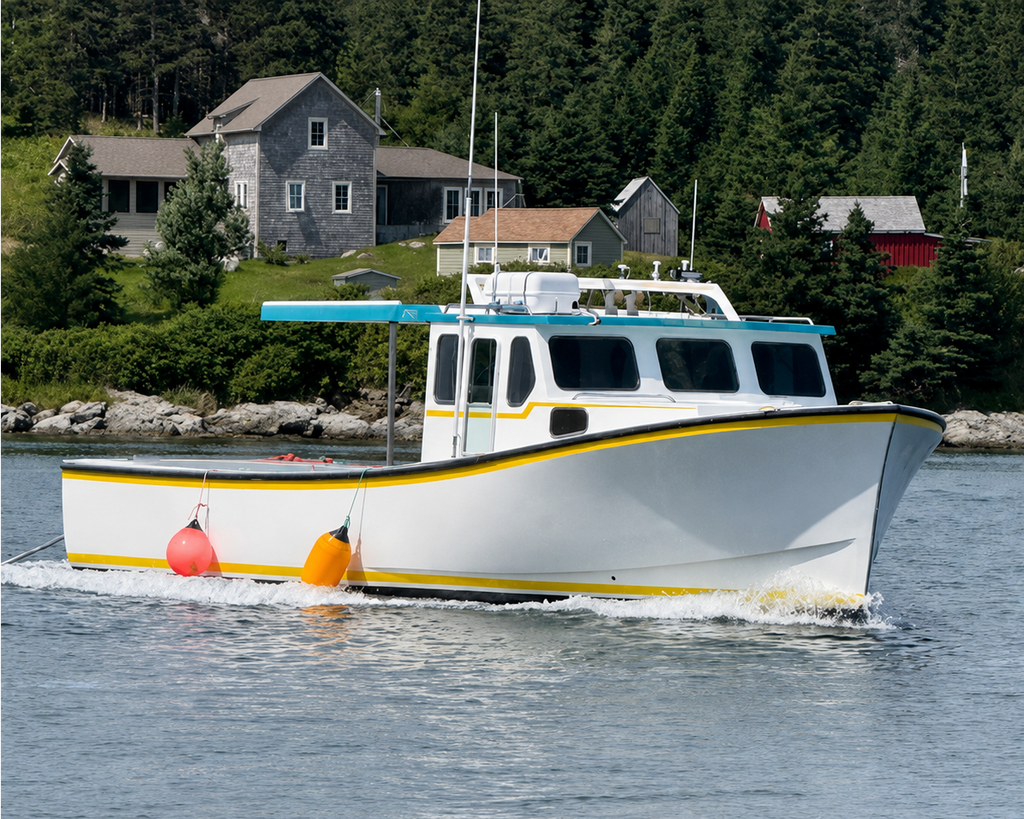 A white fishing boat with yellow and blue trim is sailing on the water, with a rocky shoreline, evergreen trees, and houses in the background.