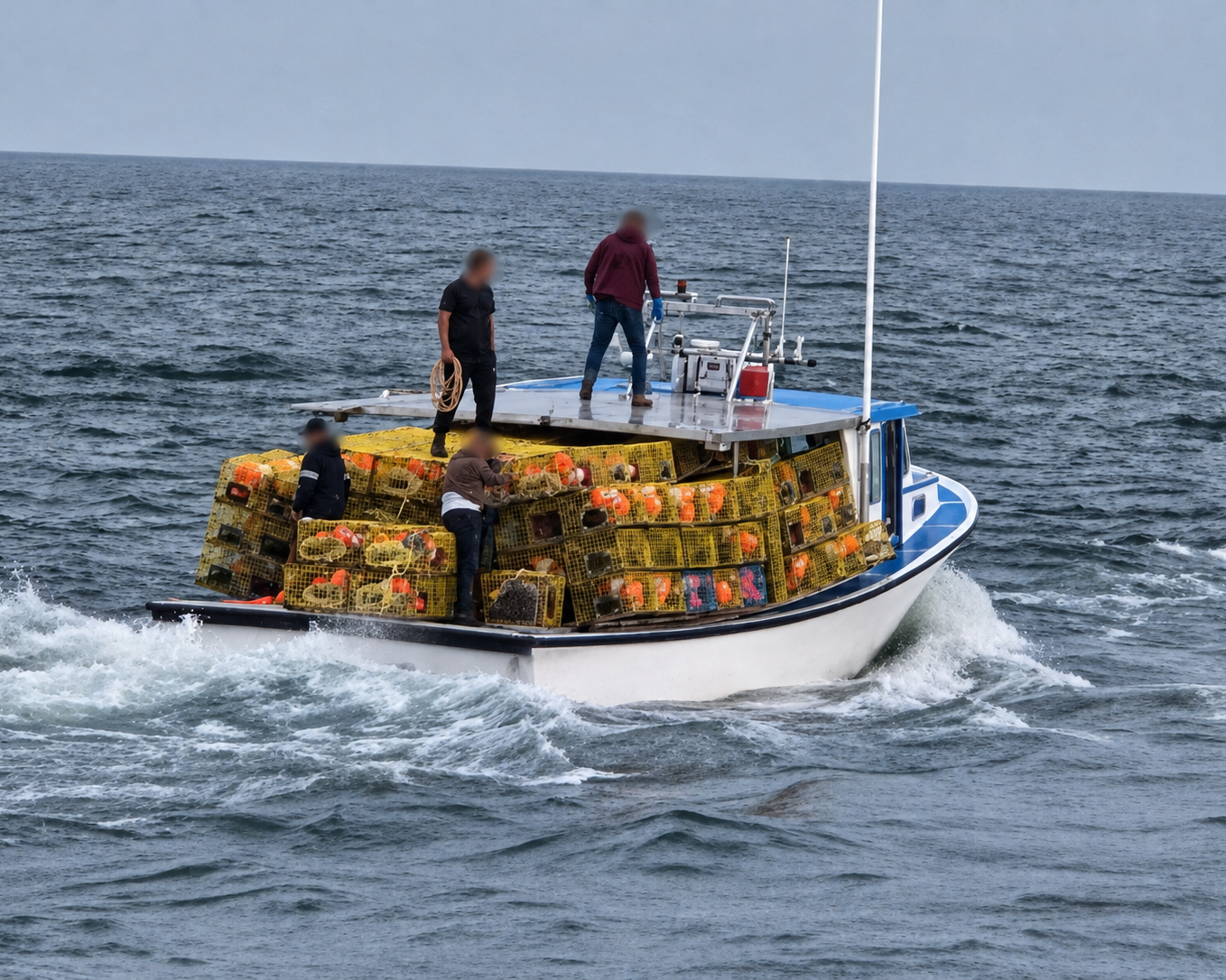 A small white and blue fishing boat moving through dark blue ocean water, carrying stacks of yellow lobster traps. Several people are standing and working on the deck of the boat.