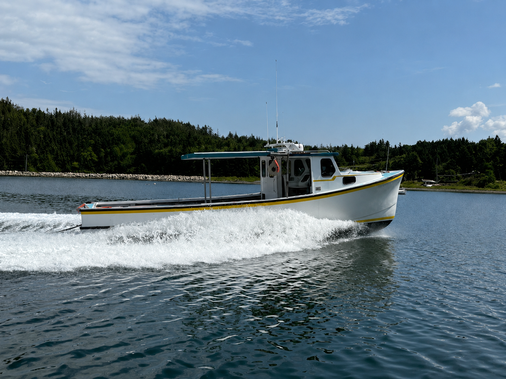 A white motorized fishing boat with a yellow stripe and green canopy moves across blue water, leaving a white wake, with a forested shoreline and blue sky in the background.
