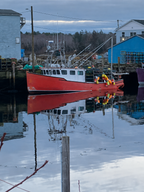 A red and white fishing boat docked in calm water, with its reflection clearly visible on the surface. Small buildings, utility poles, and trees line the background under an overcast sky.