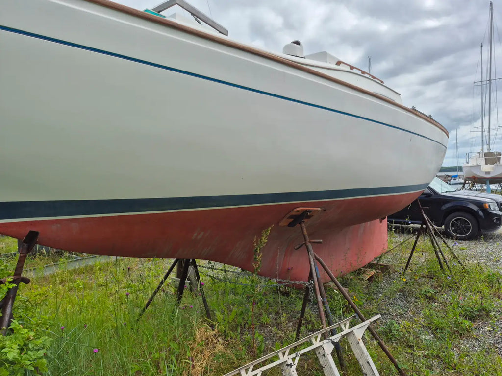 Boat on a lift in a grassy area with a cloudy sky