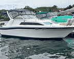 White boat with a blue stripe docked at a marina with trees and houses in the background.