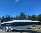 Speedboat on a body of water with a cloudy sky