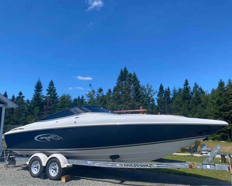Speedboat on a body of water with a cloudy sky