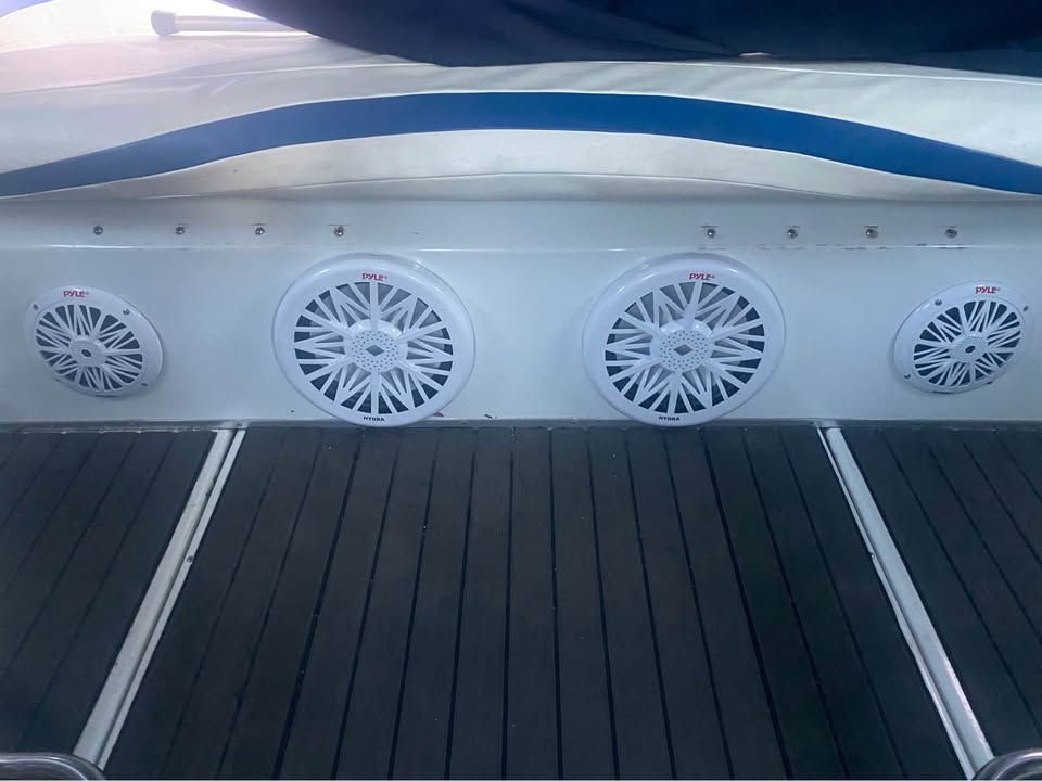 Speedboat on a body of water with a cloudy sky