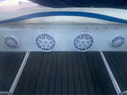 Speedboat on a body of water with a cloudy sky