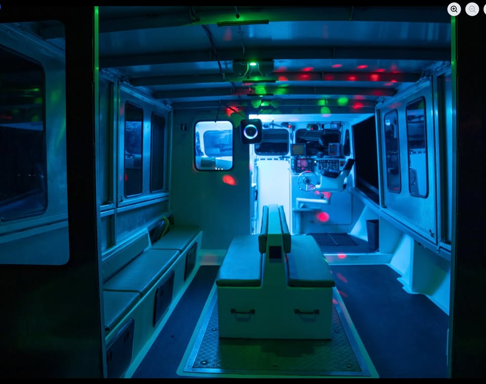 Interior of a vehicle with blue and green lighting, showing equipment and a bed.