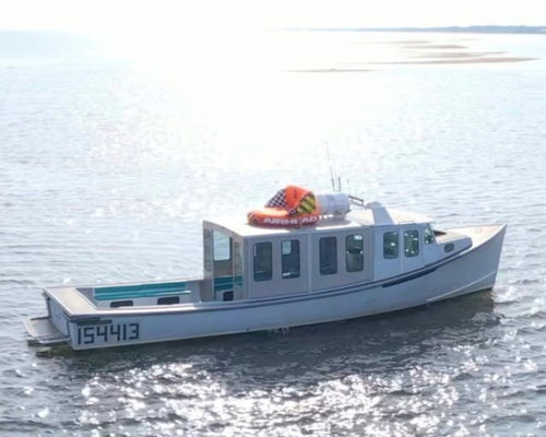 White boat with a red lifeboat on a calm body of water
