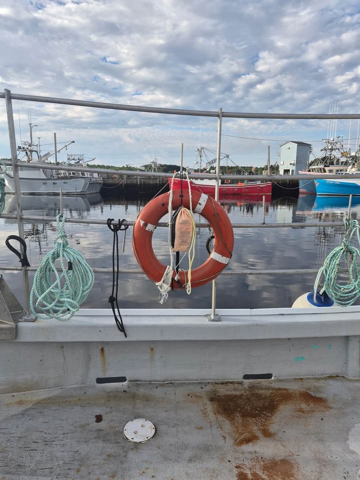 An orange life preserver with white stripes hangs on a metal railing at the edge of a boat deck, with a marina and other boats visible in the background under a cloudy sky.