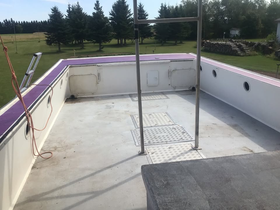 An outdoor view of a white boat or deck structure with purple trim, metal ladder rails, and a concrete floor, with trees and grass visible in the background.