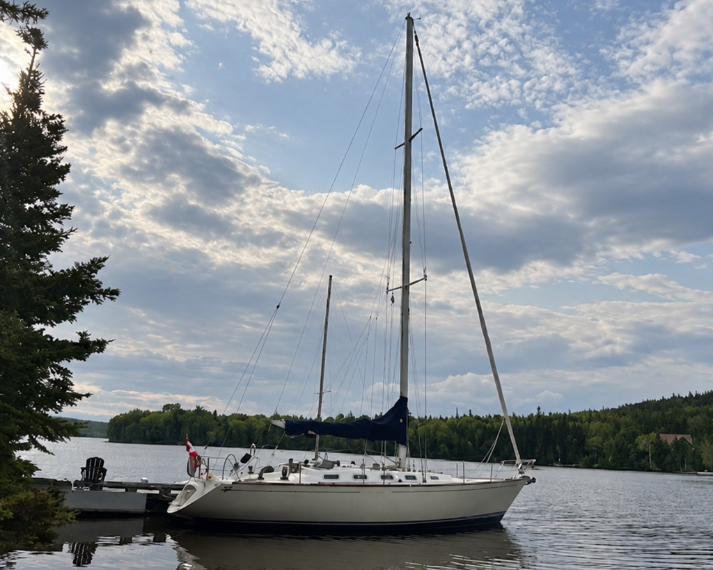 A white sailboat with its mast raised is docked at a small pier on a calm lake, surrounded by trees and a cloudy blue sky.
