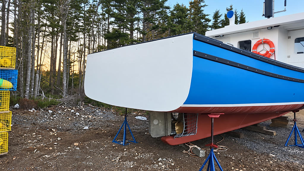 A blue and white boat hull resting on blue support stands on a gravel ground, with a forest background and a white vessel cabin visible behind it.