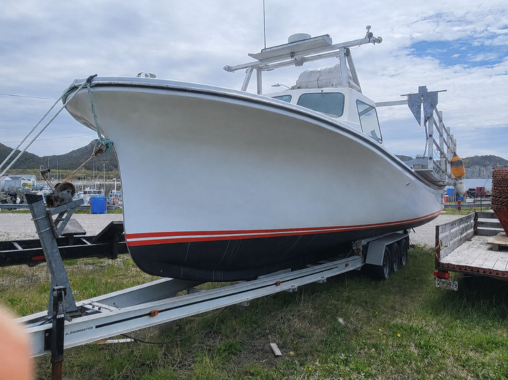 A white fishing boat with a black hull and red stripe, resting on a metal trailer in an outdoor grassy area under a cloudy sky.