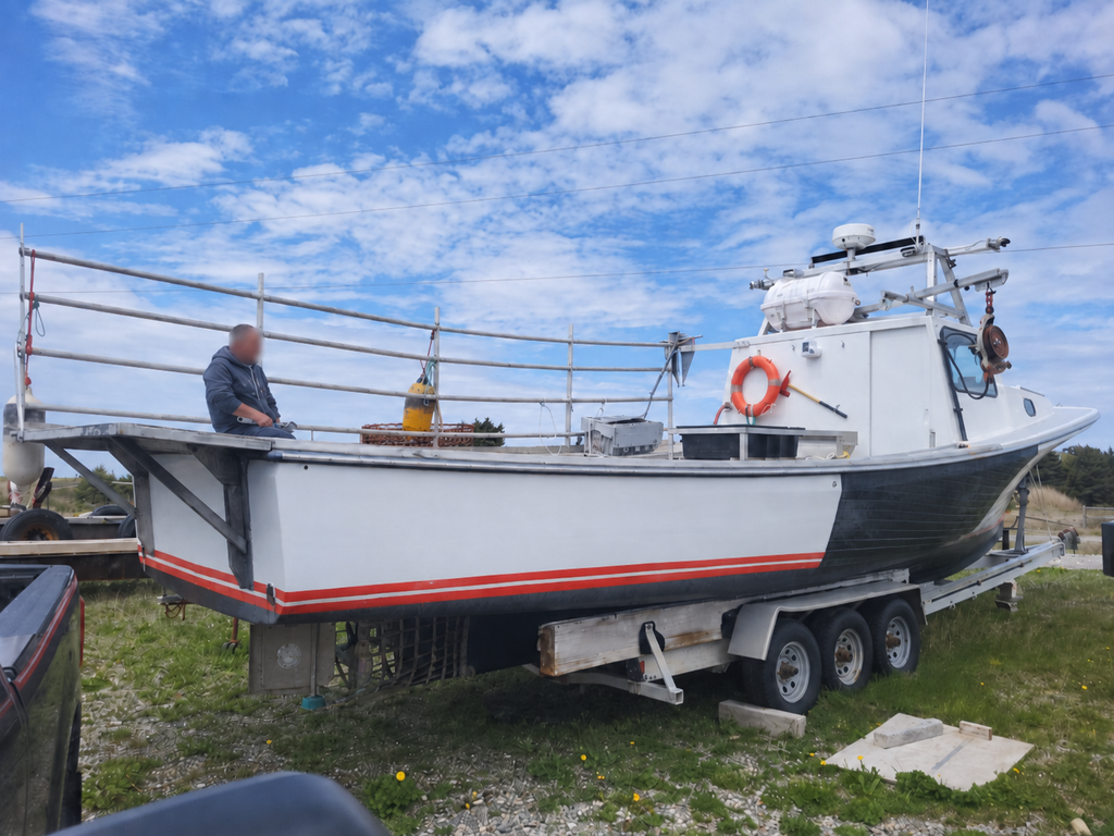 A white and black fishing boat with a red stripe, mounted on a trailer outdoors on grass under a blue sky with clouds. A person is standing on the deck near the railing.