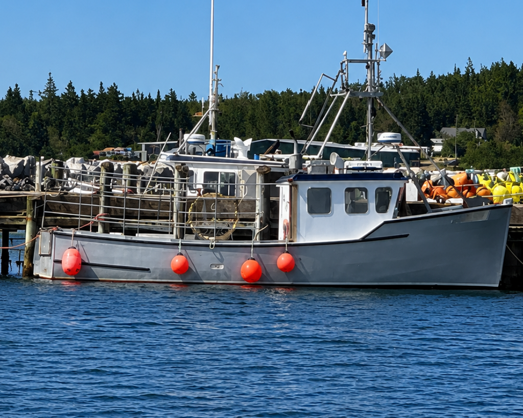 A gray fishing boat docked at a harbor with blue water in the foreground, a forested shoreline in the background, and a bright blue sky with a few clouds above.