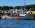 A gray fishing boat docked at a harbor with blue water in the foreground, a forested shoreline in the background, and a bright blue sky with a few clouds above.
