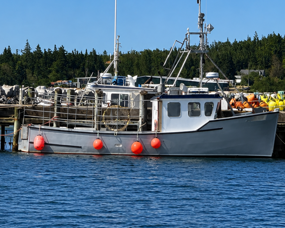 A gray fishing boat docked at a harbor with blue water in the foreground, a forested shoreline in the background, and a bright blue sky with a few clouds above.
