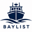 A navy blue graphic logo featuring a fishing boat above stylized waves, with the word 'BAYLIST' underneath, on a plain white background.