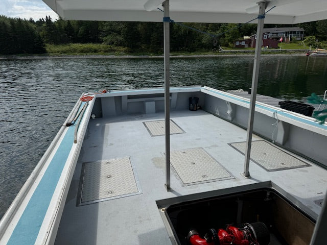 The open deck of a boat on the water, showing a gray floor with diamond-plate covers, metal support posts under a white canopy, and a red engine compartment in the foreground. A shoreline with trees and houses is visible in the background.