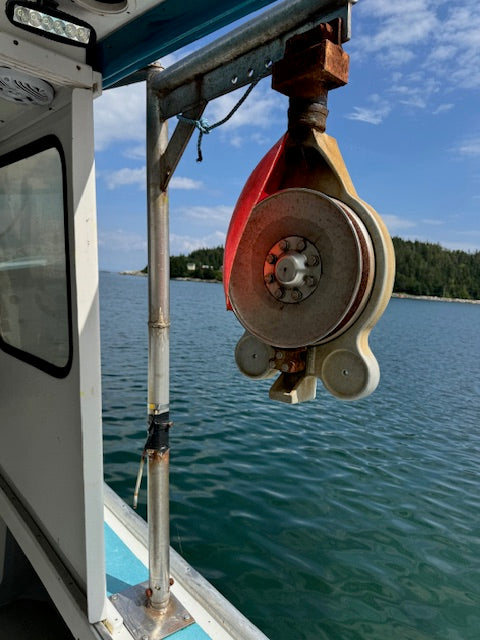 A heavy-duty metal winch or pulley system mounted on a boat frame, with blue and red protective coverings, set against a background of blue water and sky.