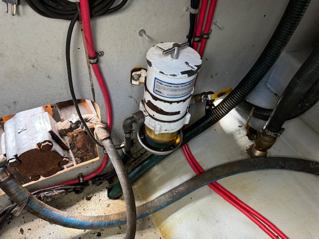 A close-up of a marine water filter assembly mounted on a pipe, surrounded by various black and red hoses and wires inside a boat's engine compartment.