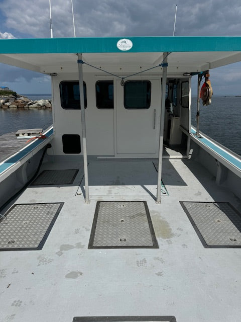 The rear deck and cabin of a boat on the water, featuring a white cabin with a teal roof trim, three diamond-plate deck covers, and a cloudy sky overhead.