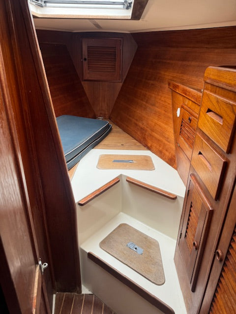 A narrow interior cabin passage with warm wood paneling and drawers on the right, a blue cushioned mat on the left, and two beige floor mats on white steps.