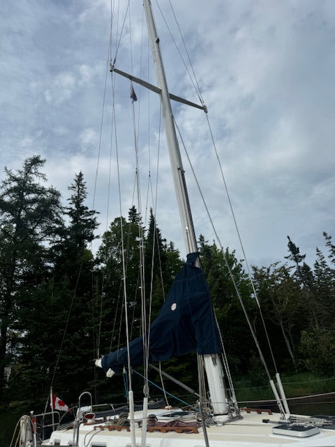 A close-up view of a white sailboat mast and rigging under a cloudy sky, with dark green trees in the background. A dark blue cover is draped over part of the mast rigging.