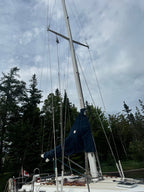 A close-up view of a white sailboat mast and rigging under a cloudy sky, with dark green trees in the background. A dark blue cover is draped over part of the mast rigging.