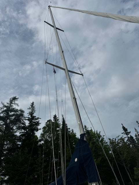 A close-up low-angle view of a tall wooden mast and rigging on a sailboat, with a dark blue canvas cover at the base, set against a cloudy sky and trees.