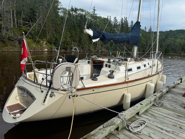 A cream-colored sailboat named 'White Wing' docked at a wooden pier with a forested shoreline in the background.