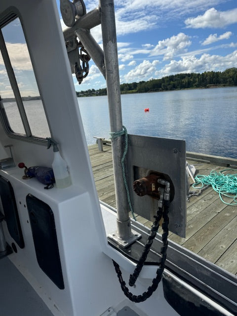 A close-up view from the deck of a boat showing a metal cleat and chain attachment next to a wooden dock, with a lake, trees, and blue sky in the background.