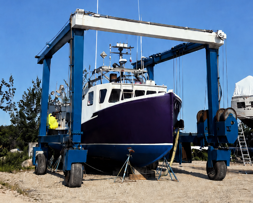 A blue and white fishing boat is supported by a large blue and white wheeled boat lift on a sandy outdoor surface under a clear blue sky.