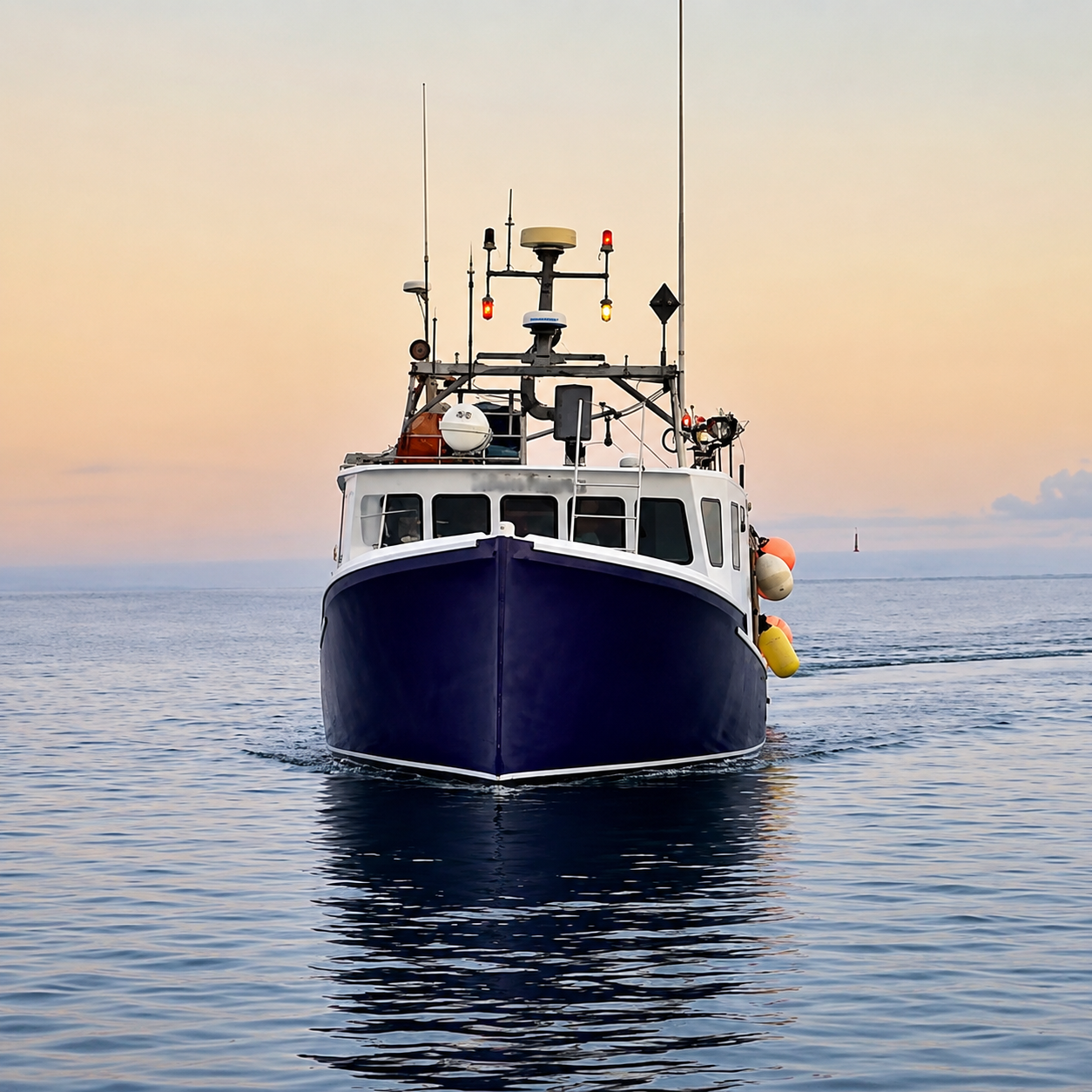 A fishing boat with a dark blue hull and white cabin, sailing on calm blue water under a soft pastel sky at sunset.