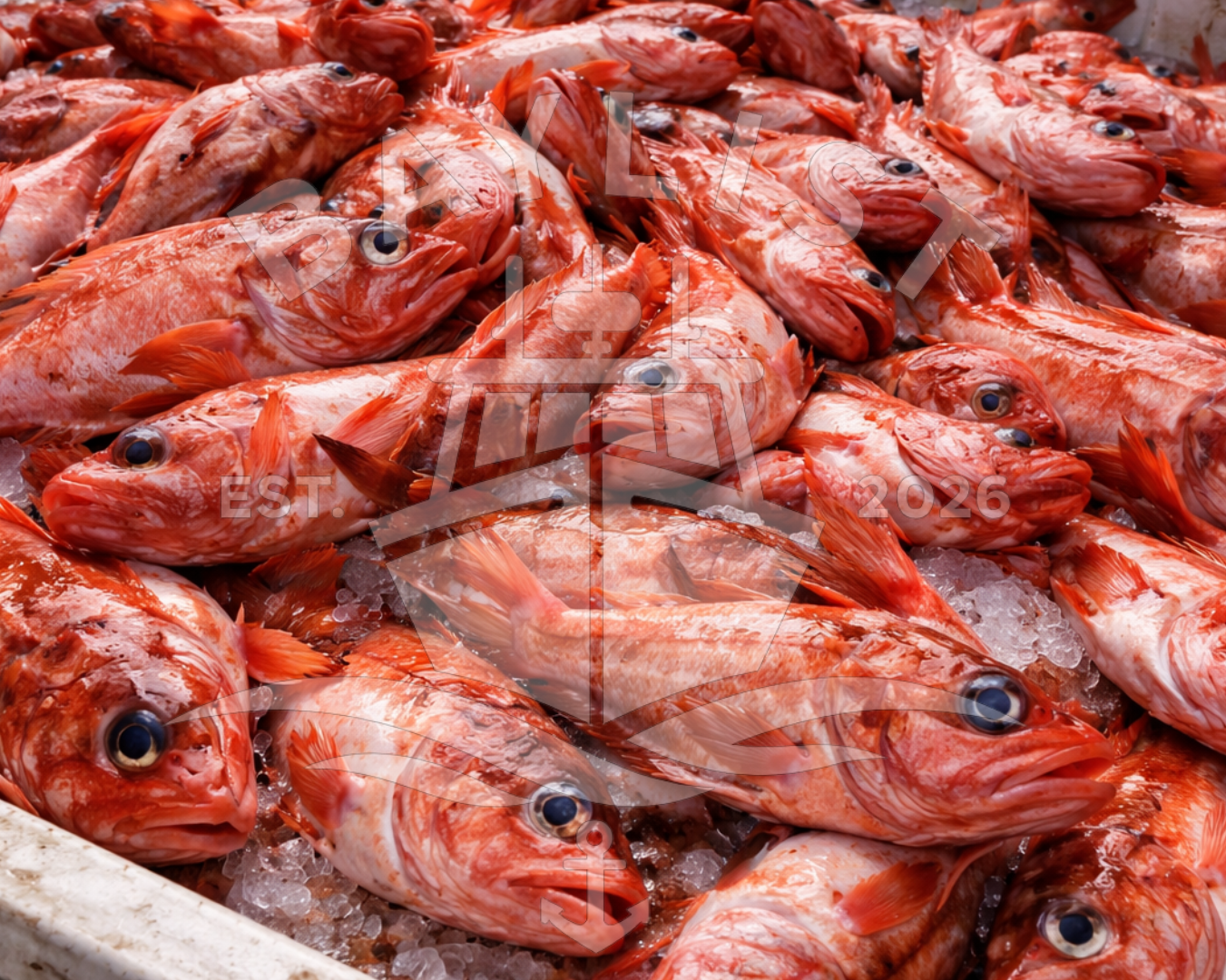 A close-up of many red fish piled on crushed ice in a white container, with a faint watermark across the center.