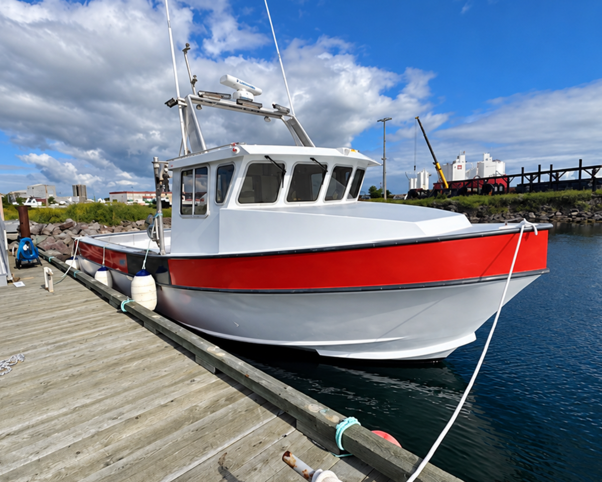 A white and red fishing boat docked at a wooden pier in a harbor under a blue sky with clouds.
