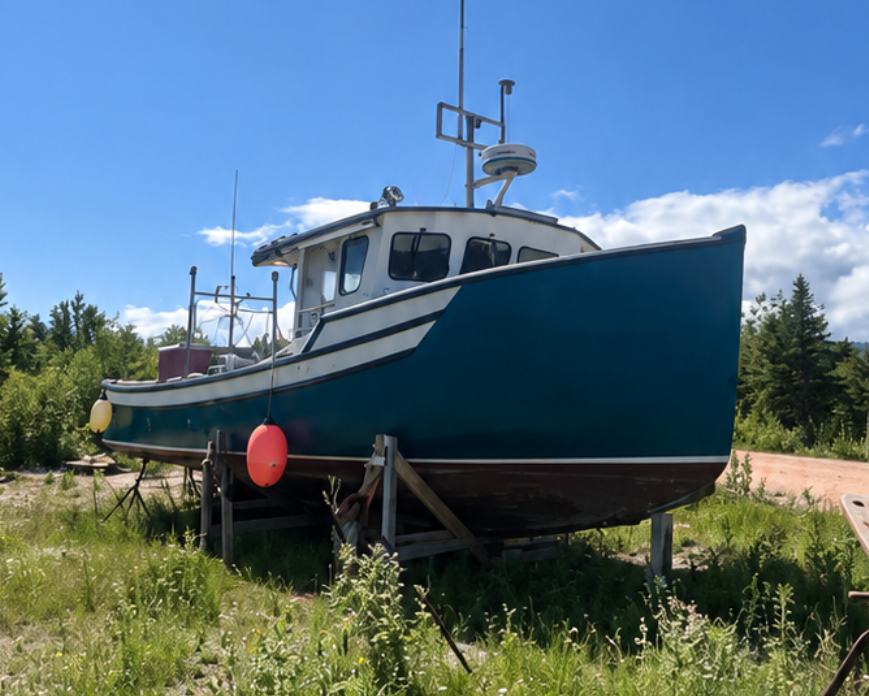 A blue and white fishing boat on a trailer outdoors in a grassy area under a bright blue sky.