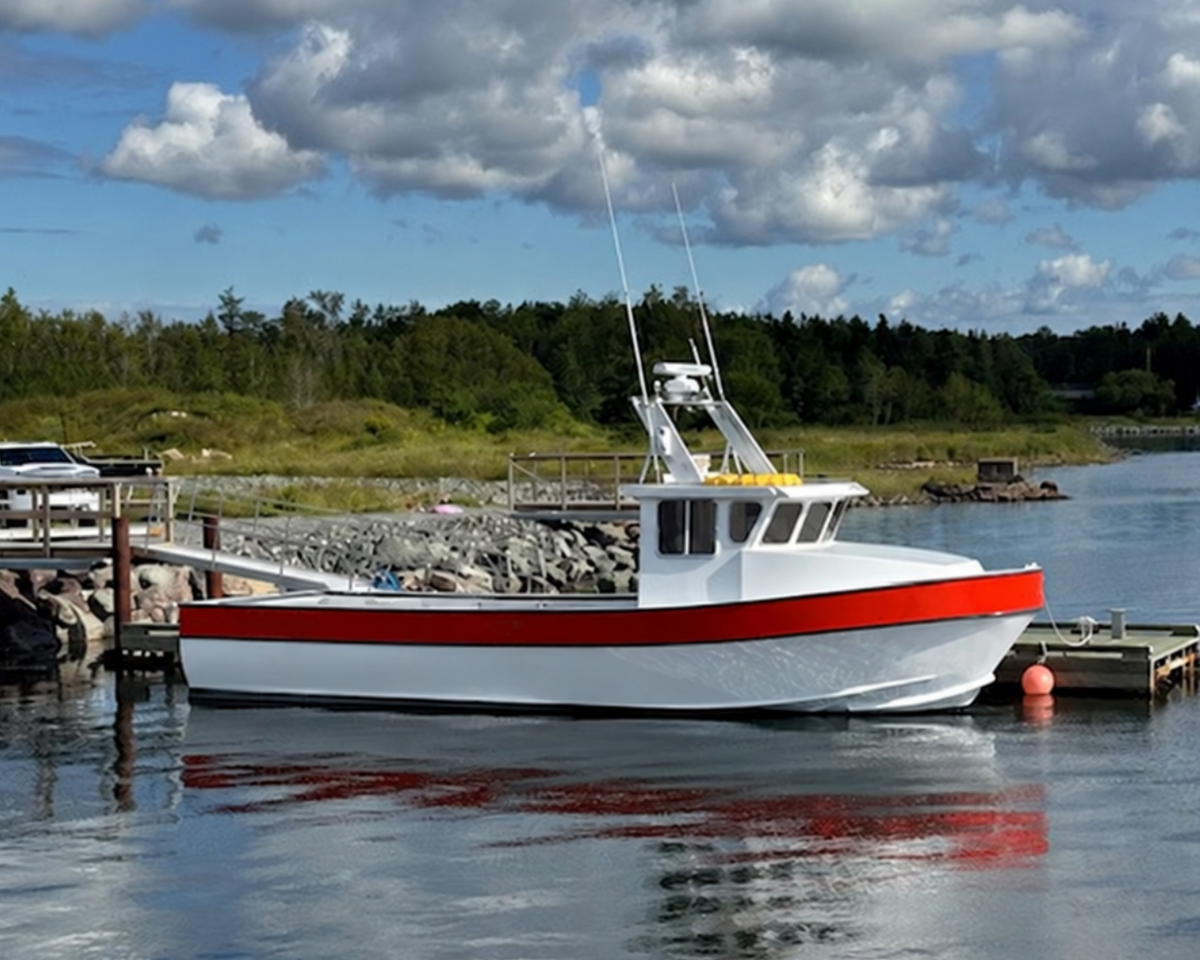 A white fishing boat with a red stripe along the hull is docked at a harbor under a blue sky with large white clouds. Trees and rocks line the shore in the background, with another boat and dock structures visible.