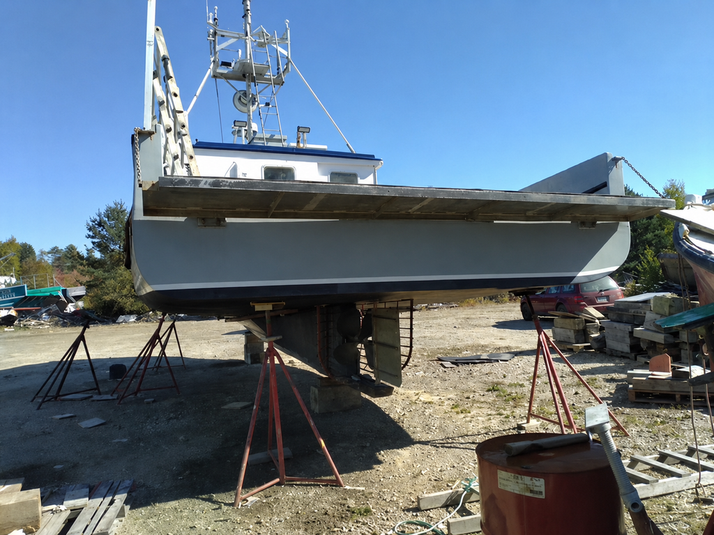 A large boat or vessel under construction, shown supported by red metal stands in an outdoor boatyard. The hull is light gray with a white upper section and blue trim, and the yard has a dirt ground, blue sky, and other construction materials in the background.