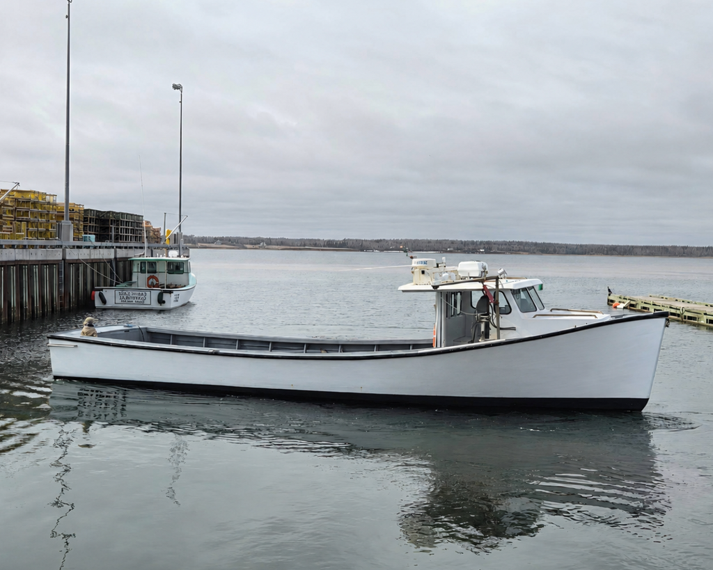A white fishing boat with a dark hull is docked at a harbor under an overcast sky, with water, other boats, and a pier visible in the background.