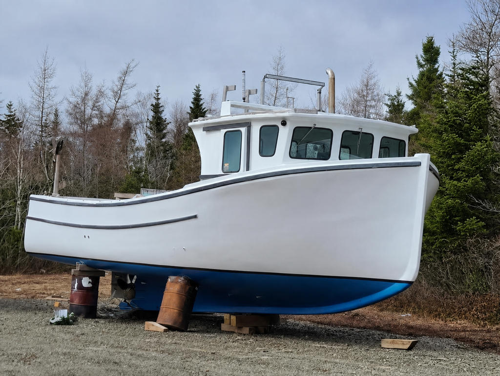 White and blue boat on land with trees in the background