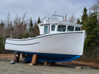 White and blue boat on land with trees in the background